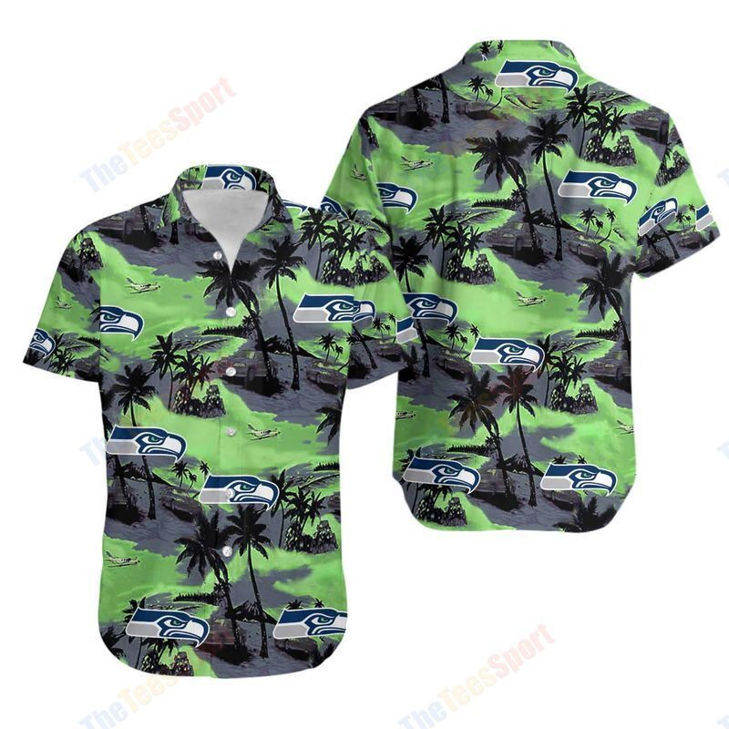 Seattle Seahawks Coconut Tree Hawaiian Shirt Tropical Aloha Button Up