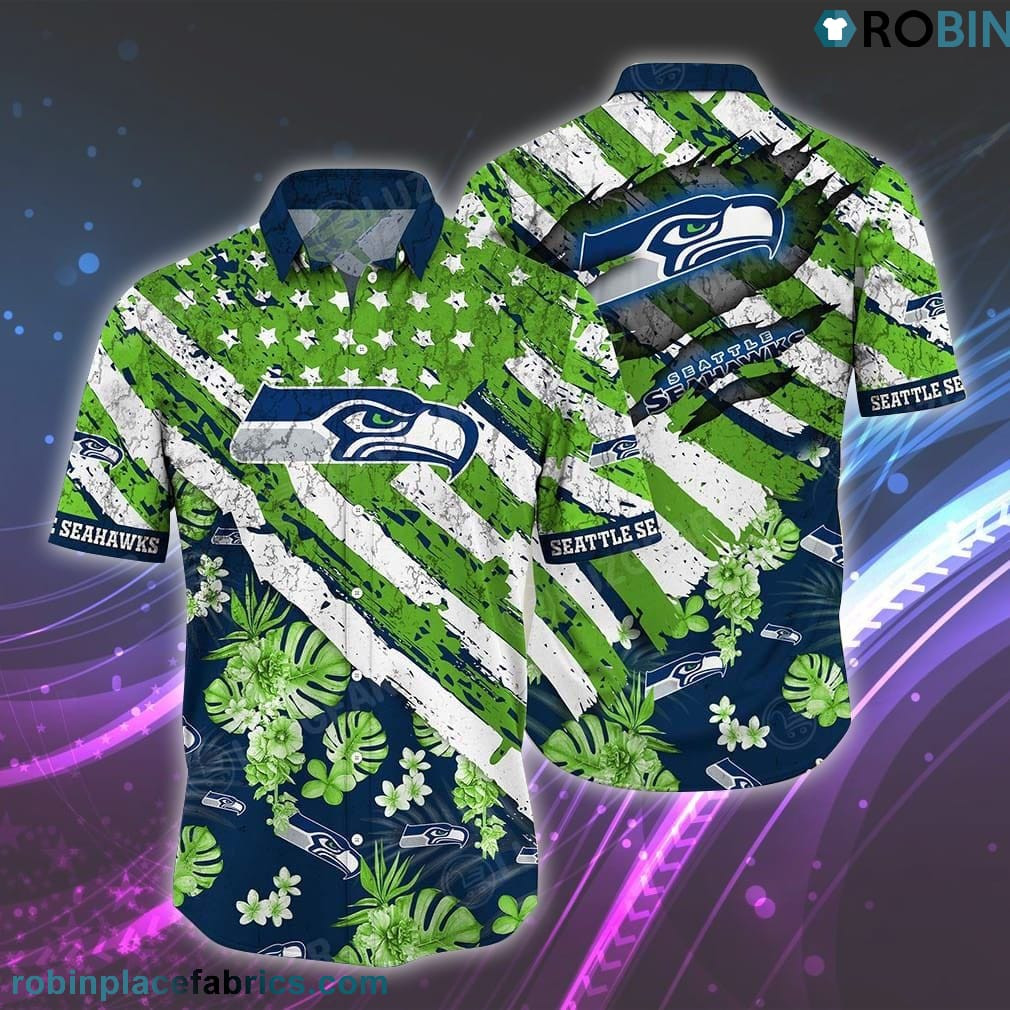 Seattle Seahawks Floral American Flag Hawaiian Shirt Tropical Aloha Button Up