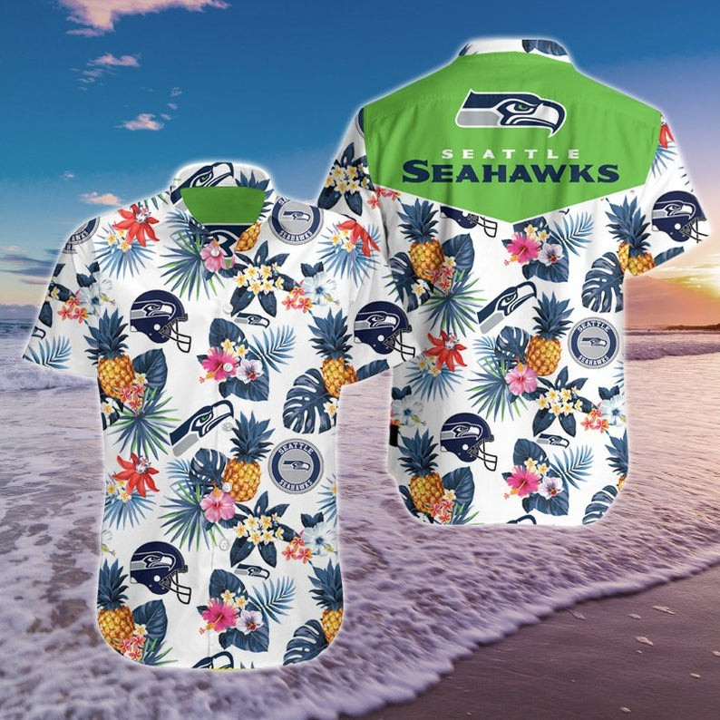 Seattle Seahawks Helmet And Pinneapple Hawaiian Shirt Tropical Aloha Button Up