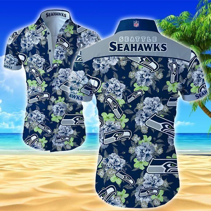 Seattle Seahawks Logo And Floral Hawaiian Shirt Tropical Aloha Button Up