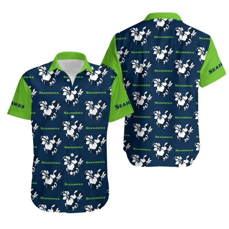 Seattle Seahawks Mickey And Flowers Hawaiian Shirt Tropical Aloha Button Up