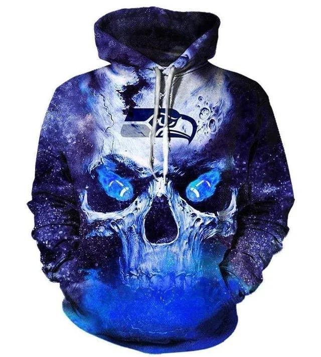Seattle Seahawks Neon Skull Light Art NFL 3D All Over Print Hoodie