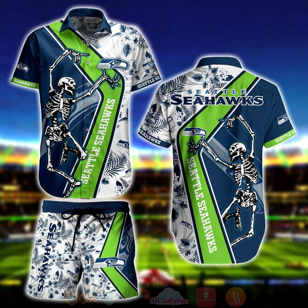 Seattle Seahawks Skeleton Hawaiian Shirt Tropical Aloha Button Up