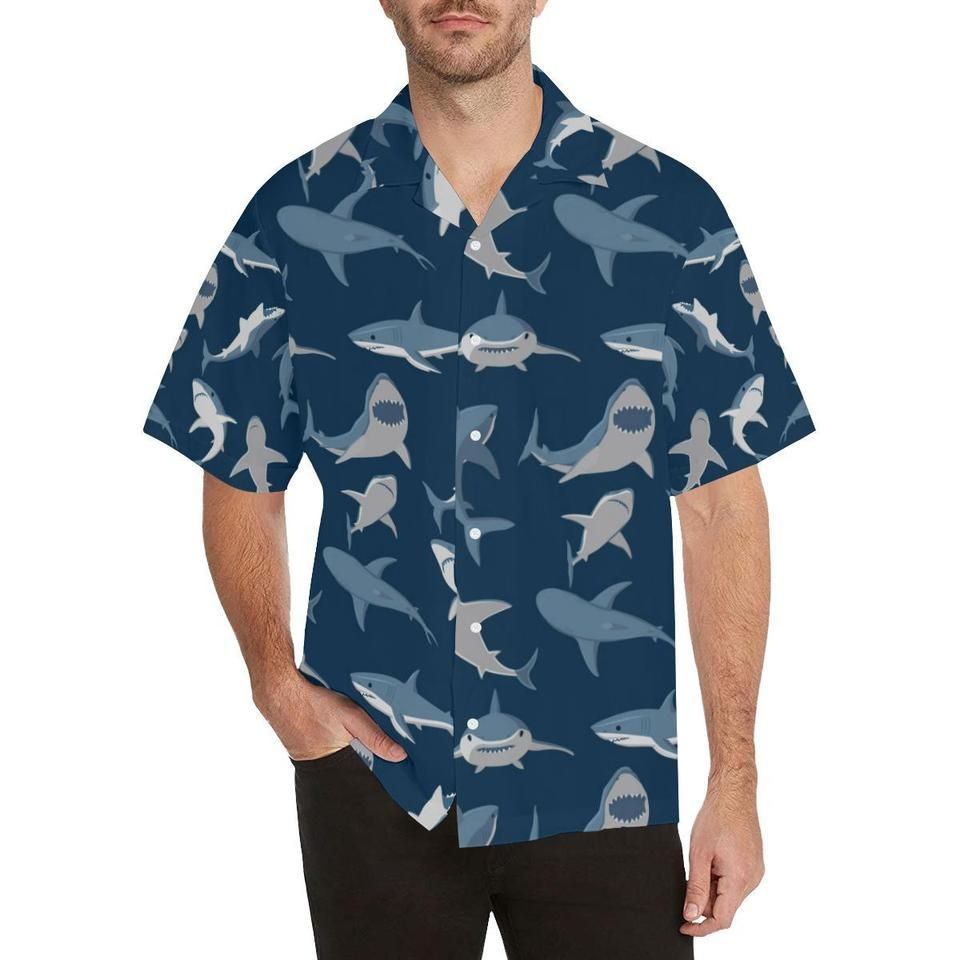 Shark Action Pattern Hawaiian Shirt Tropical Aloha Button Up