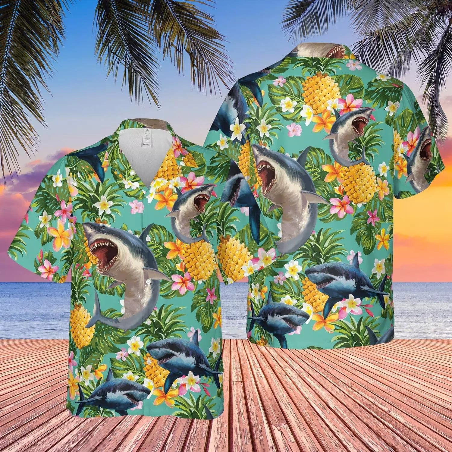 Shark Hawaiian Shirt Tropical Pineapple Shark Aloha Shirt Summer Beach Vacations Gifts