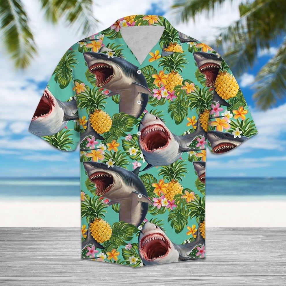 Shark Hawaiian Shirt Tropical Pineapple Shark Aloha Shirt Summer Vacations Gift Ideas