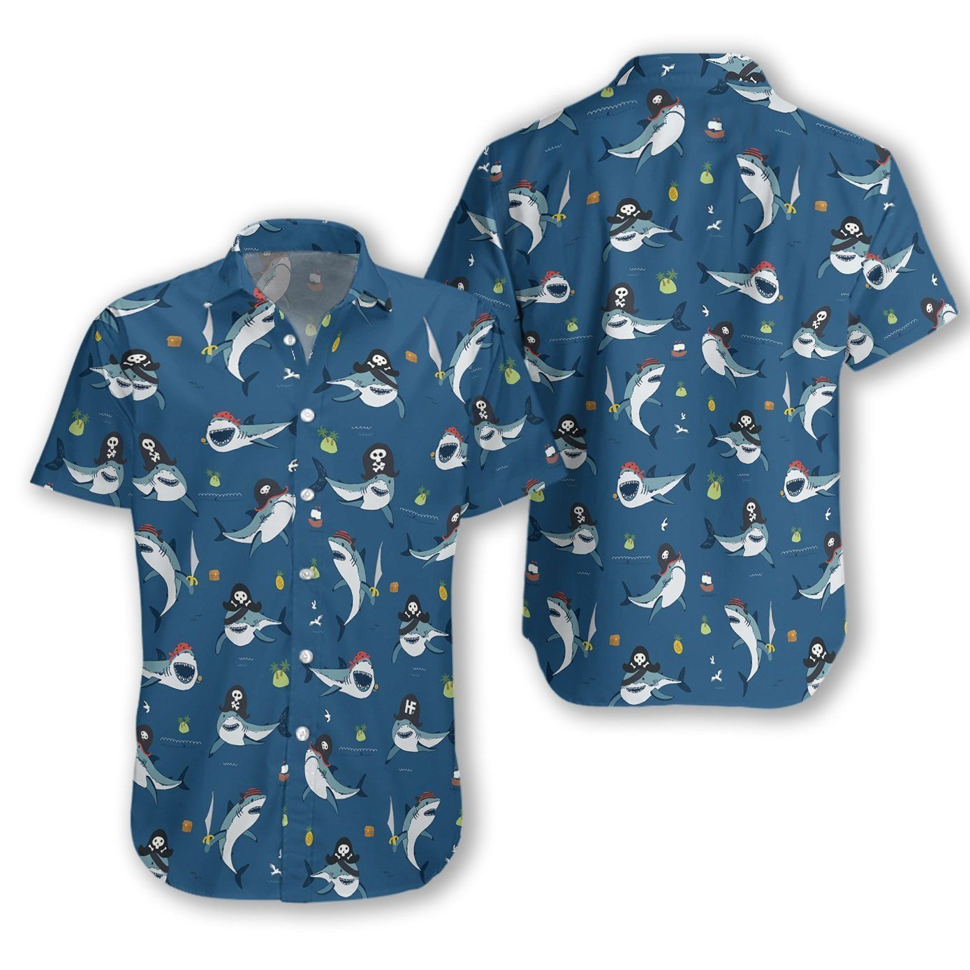 Shark Pirates Hawaiian Shirt Tropical Aloha Button Up