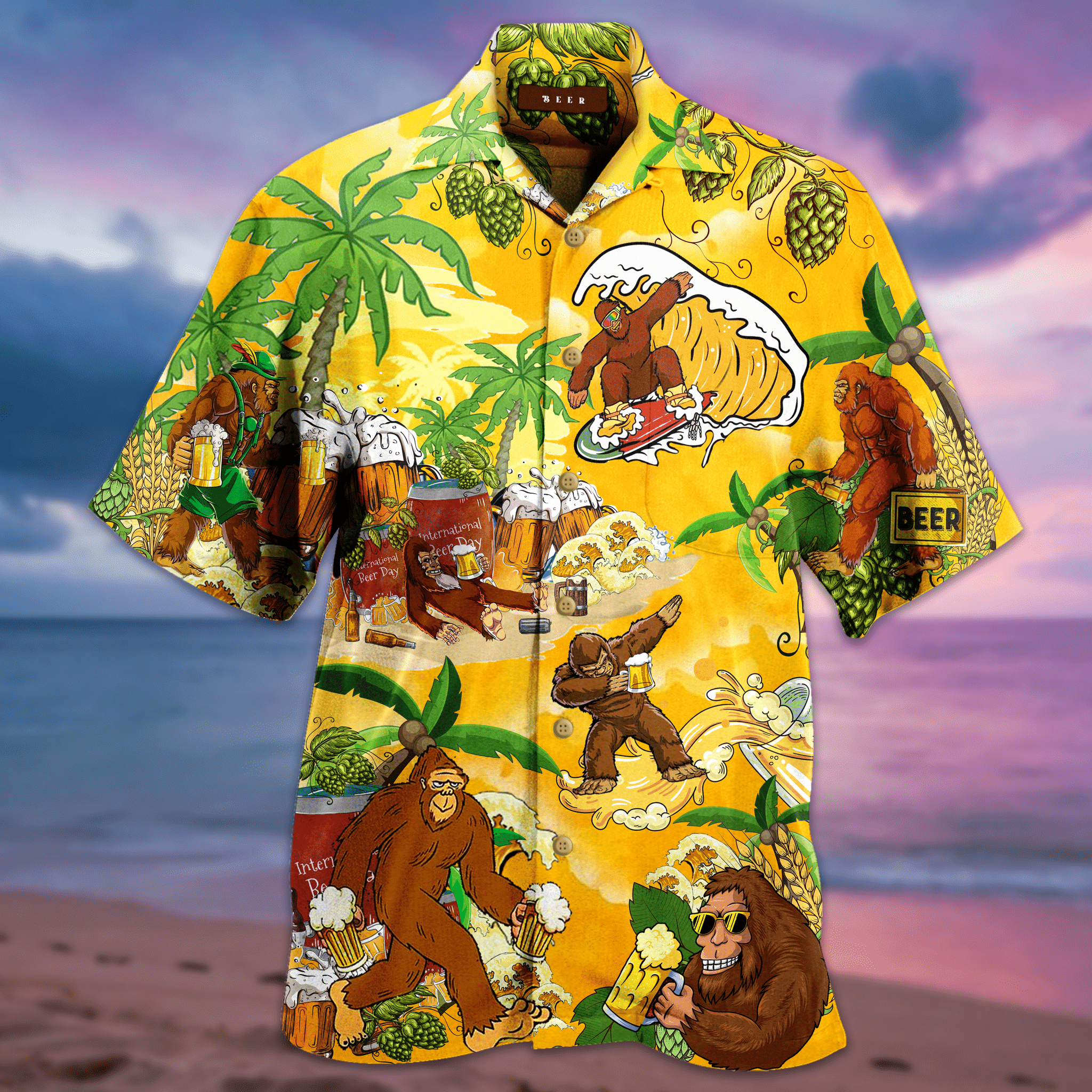 Shop Bigfoot Summer Beer Hawaiian Shirt Tropical Aloha Button Up
