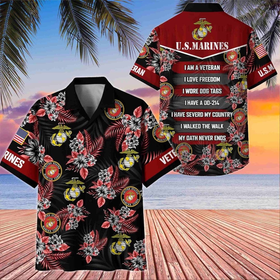 Shop Marine Corps Veterans Hawaiian Shirt Patriotic Gift for Memorial Day and Veterans Day