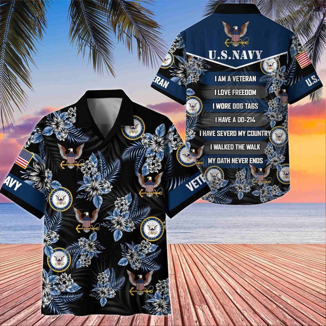 Shop Navy Military Veterans Hawaiian Shirt Patriotic Gift for Memorial Day and Veterans Day