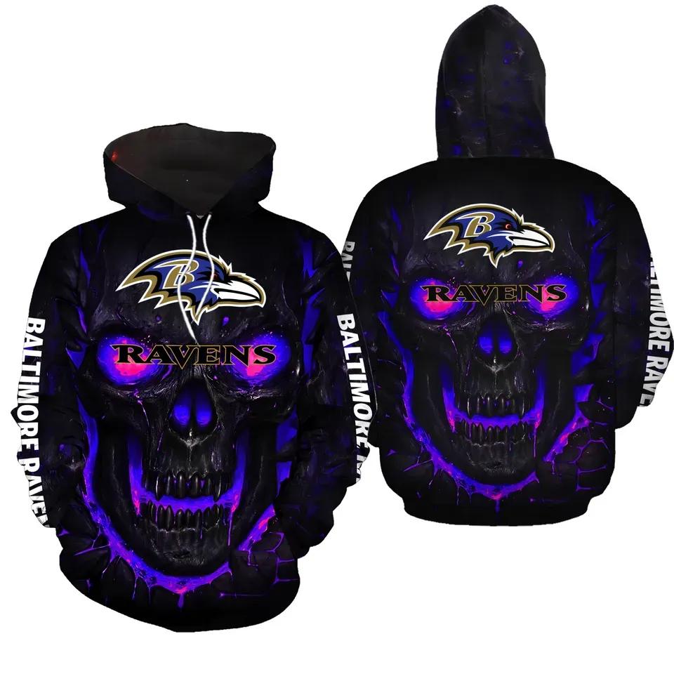 Skull Baltimore Ravens Black NFL 3D All Over Print Hoodie