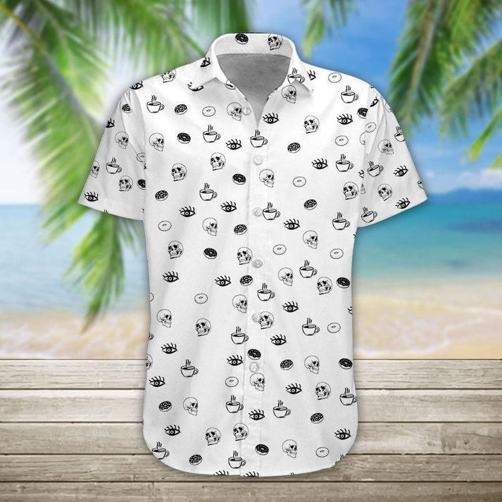 Skull Coffee Donut Hawaiian Shirt Pyknic Morning Glory Aloha Shirt For Sale