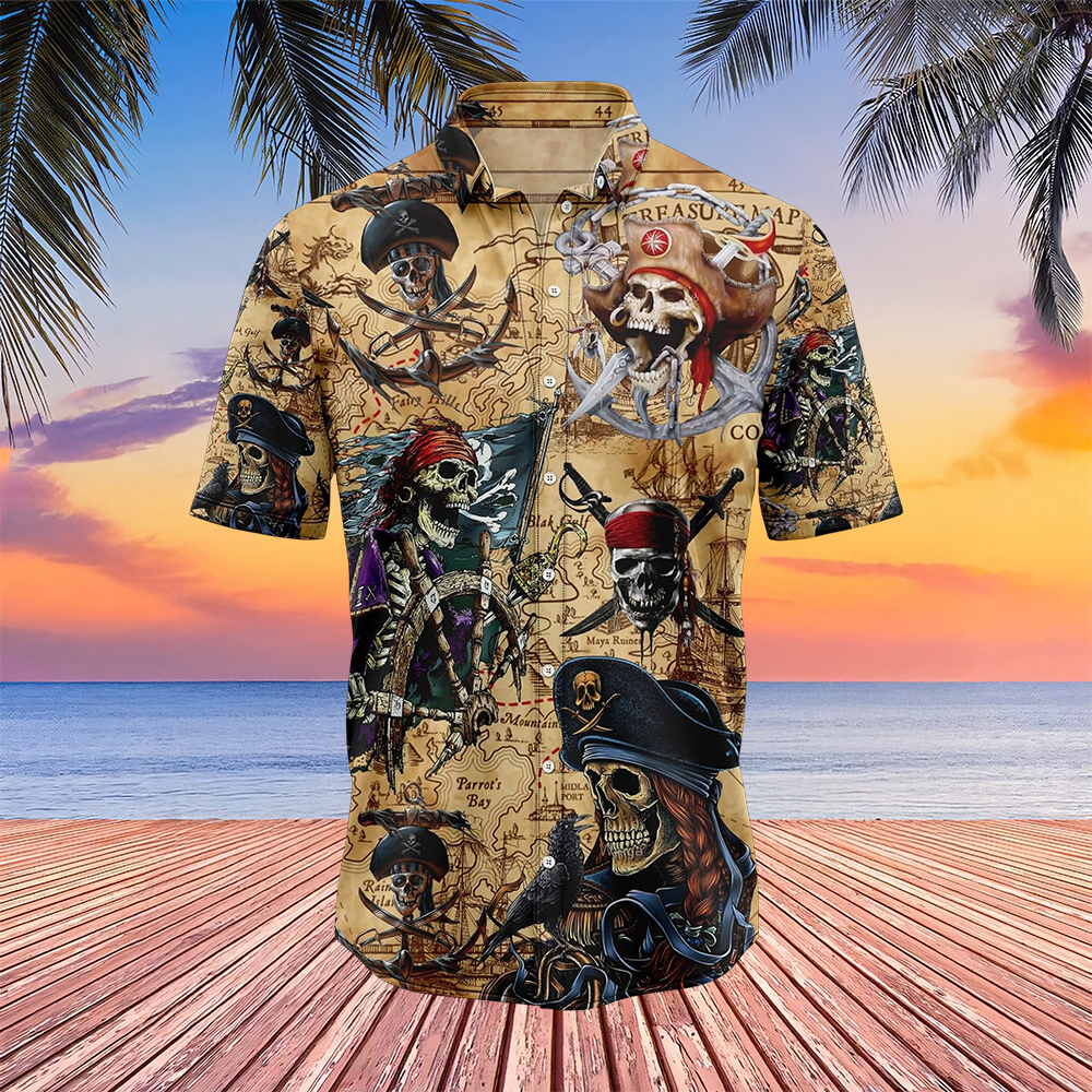 Skull Pirate Hawaiian Shirt Vintage Nautical Treasure Map Aloha Shirt Gifts For Pirate Lovers