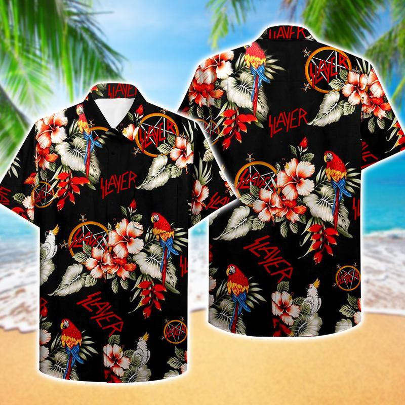 Slayer Music Band Lover Gift Slayer Tropical Flower And Parrot Hawaiian Shirt Tropical Aloha Button Up
