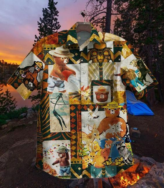 Smokey Bear Hawaiian Shirt Tropical Aloha Button Up