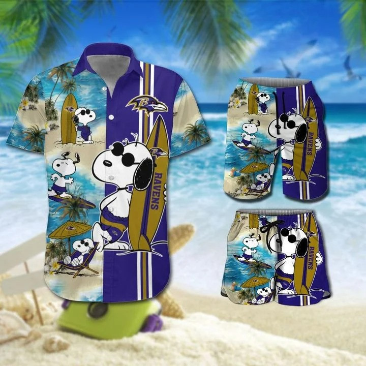 Snoopy And Baltimore Ravens Hawaiian Shirt Tropical Aloha Button Up