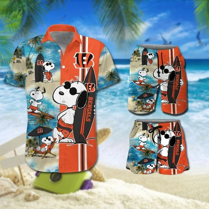 Snoopy And Cincinnati Bengals Hawaiian Shirt Tropical Aloha Button Up