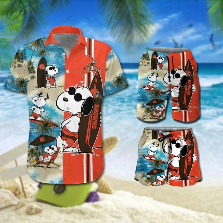 Snoopy And Cleveland Browns Hawaiian Shirt Tropical Aloha Button Up