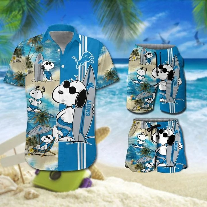 Snoopy And Detroit Lions Hawaiian Shirt Tropical Aloha Button Up