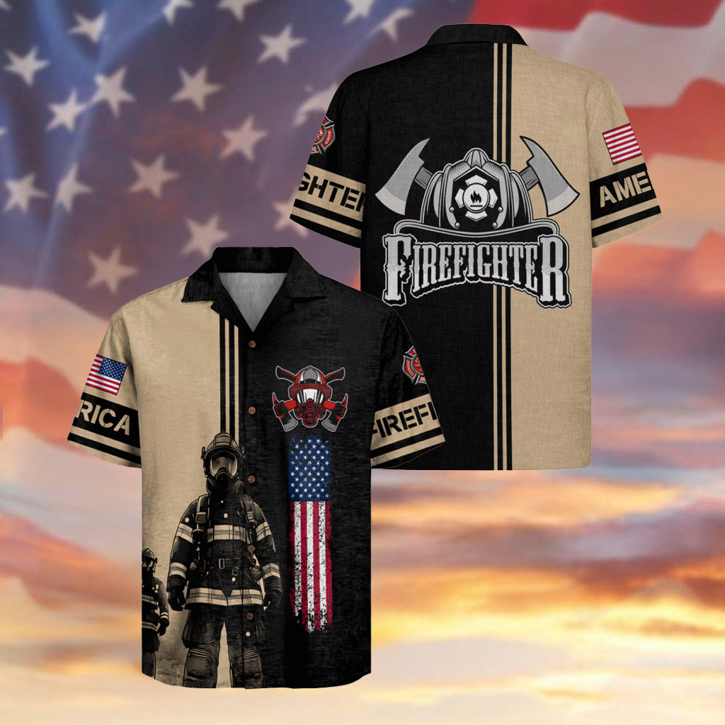 Soldier Firefighter Hawaiian Shirt Firefighter Emblem USA Flag Apparel Pride Gift Ideas