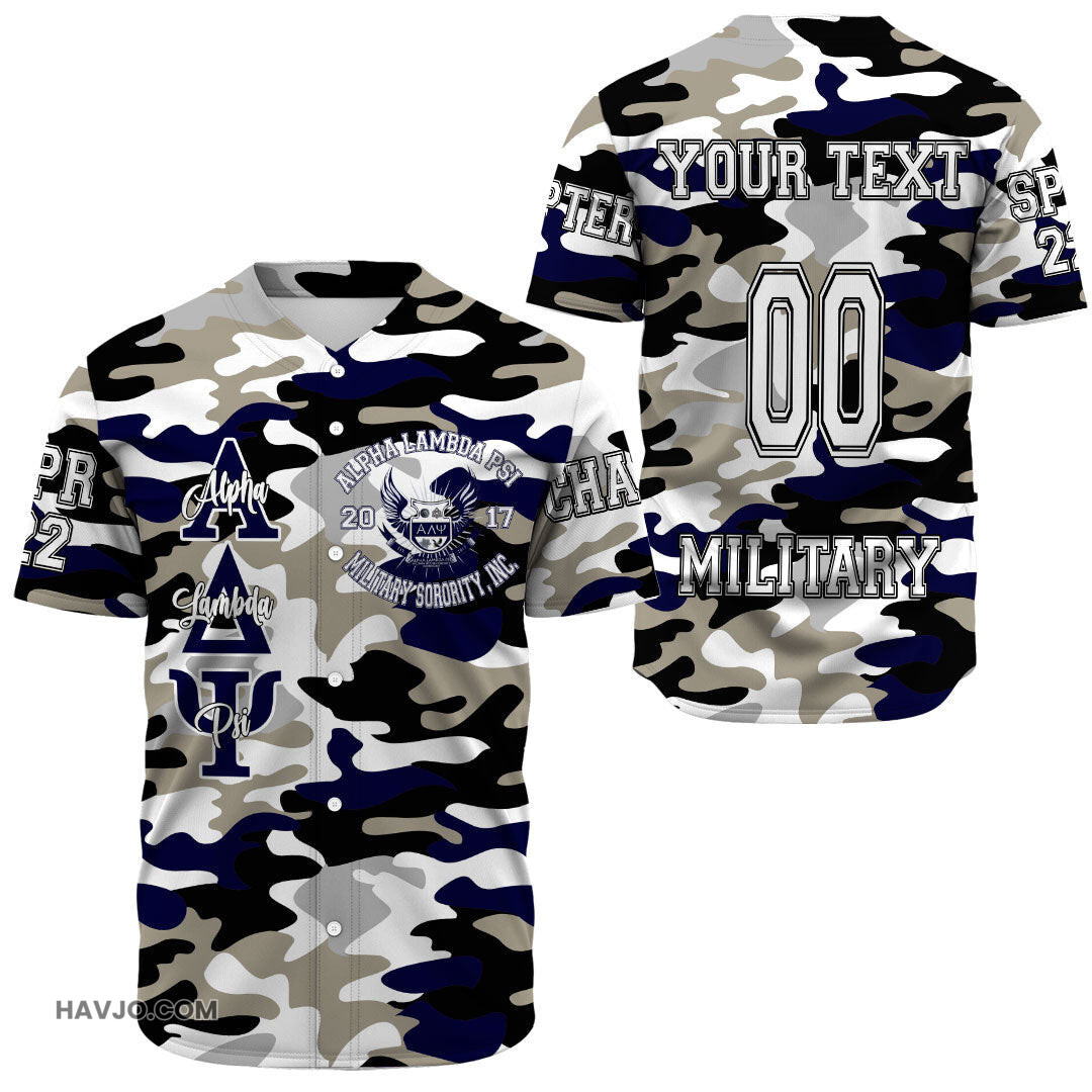 Sorority Personalized Alpha Lambda Psi Camo Baseball Jersey
