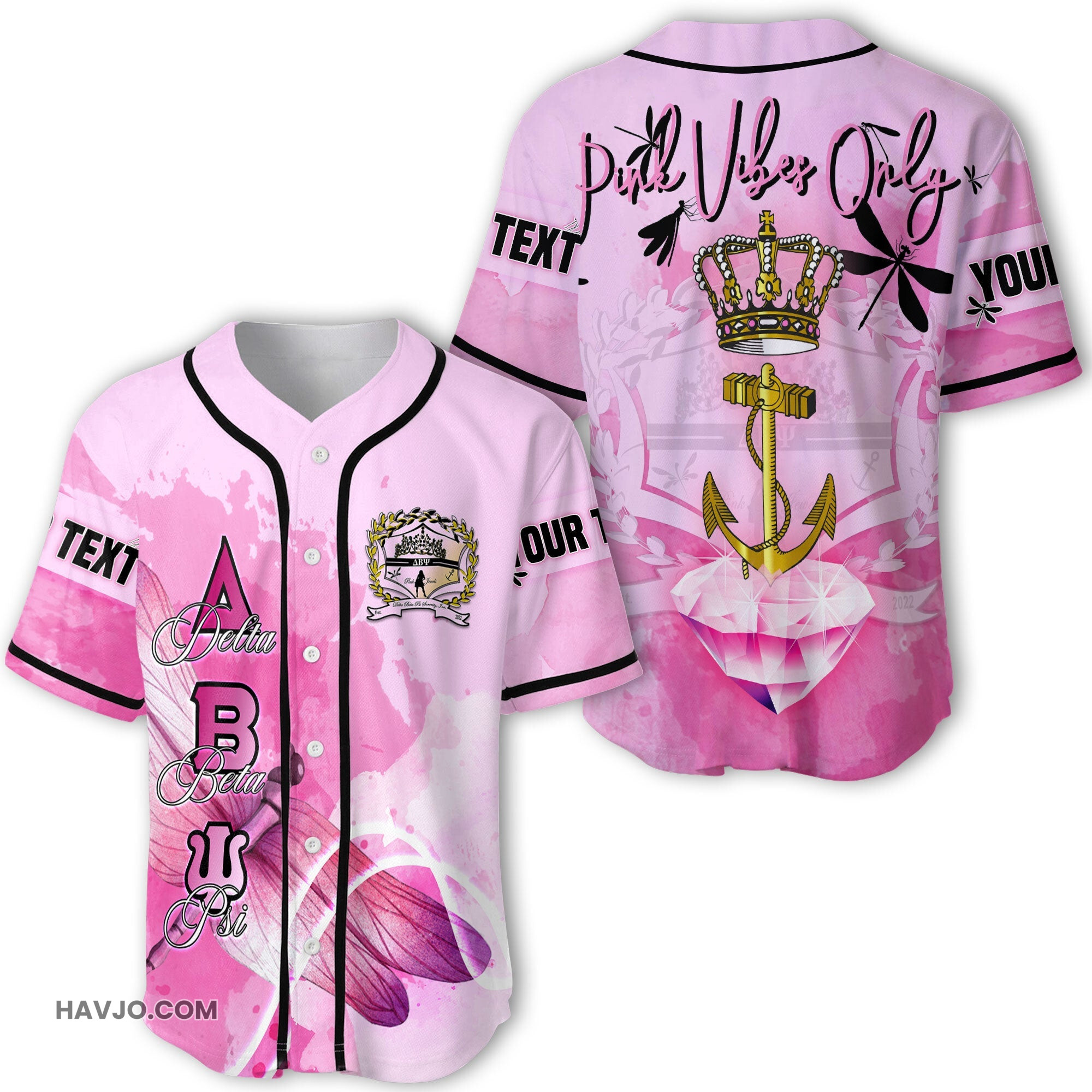 Sorority Personalized Delta Beta Psi Pink Dragonfly Style Baseball Jersey