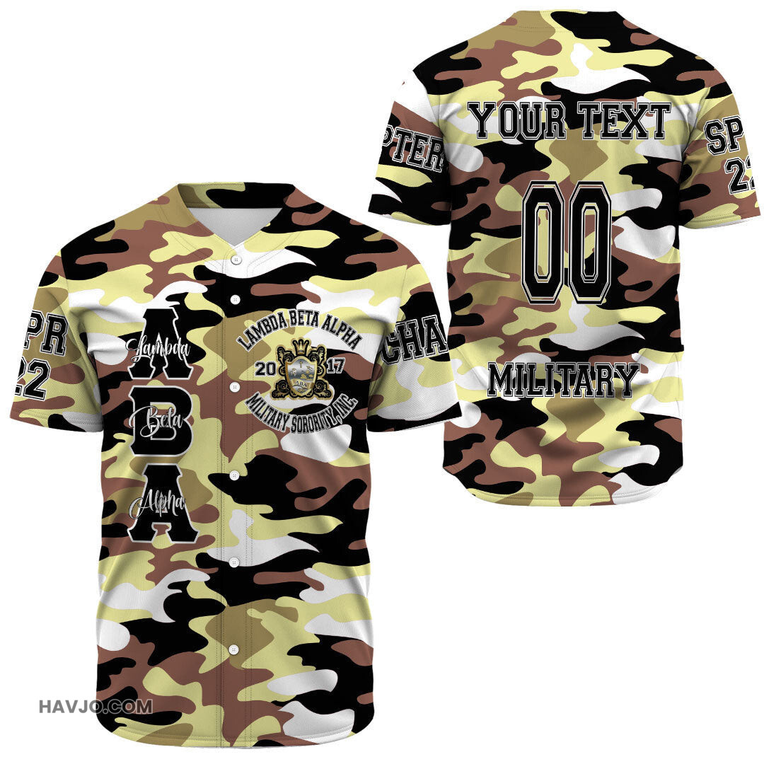 Sorority Personalized Lambda Beta Alpha Camo Baseball Jersey