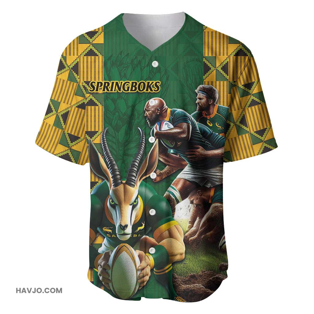 South Africa Rugby Springbok Mascot, Players Fighting for Victory Baseball Jersey