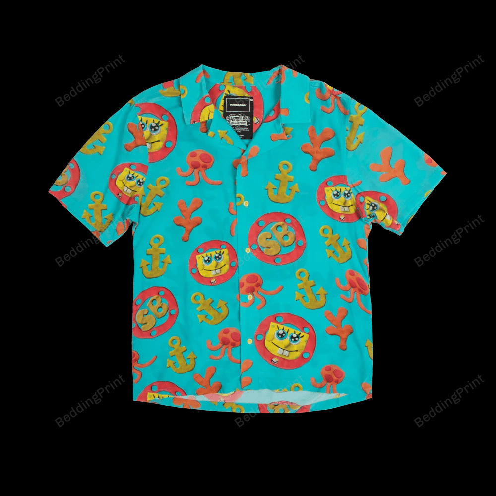 Spongebob Squarepants Anchor Pattern Hawaiian Shirt Tropical Aloha Button Up