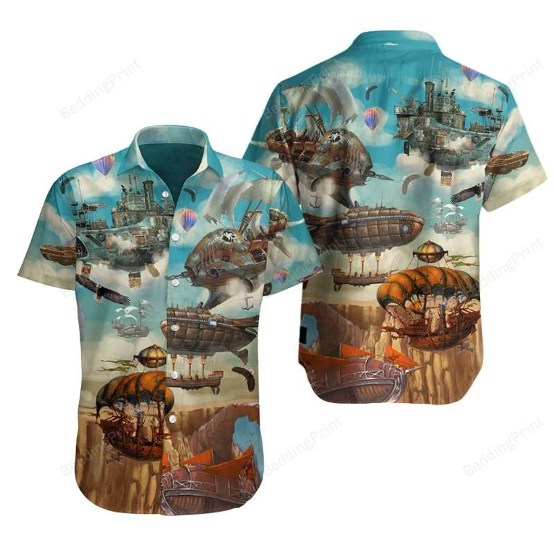 Steampunk Airship Sky Hawaiian Shirt Tropical Aloha Button Up