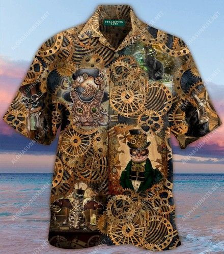 Steampunk Cat Unisex Hawaiian Shirt Tropical Aloha Button Up