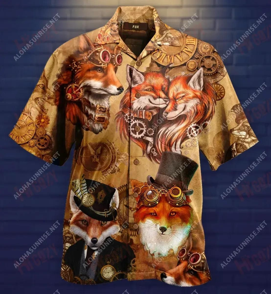 Steampunk Fox Short Hawaiian Shirt Tropical Aloha Button Up