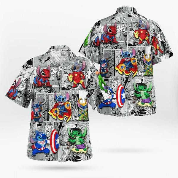 Stitch Disney Stitch Avengers Marvel Hawaiian Shirt Tropical Aloha Button Up