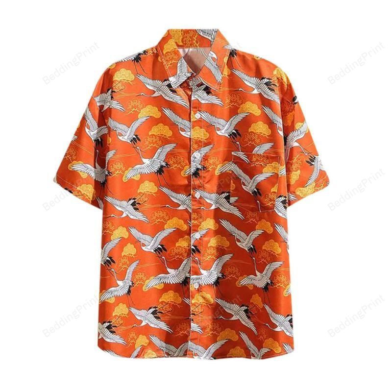 Stork Orange Hawaiian Shirt Tropical Aloha Button Up