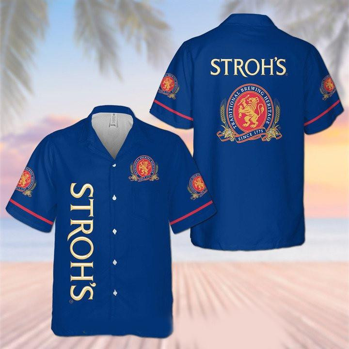 Stroh's Beer Hawaiian Shirt Tropical Aloha Button Up