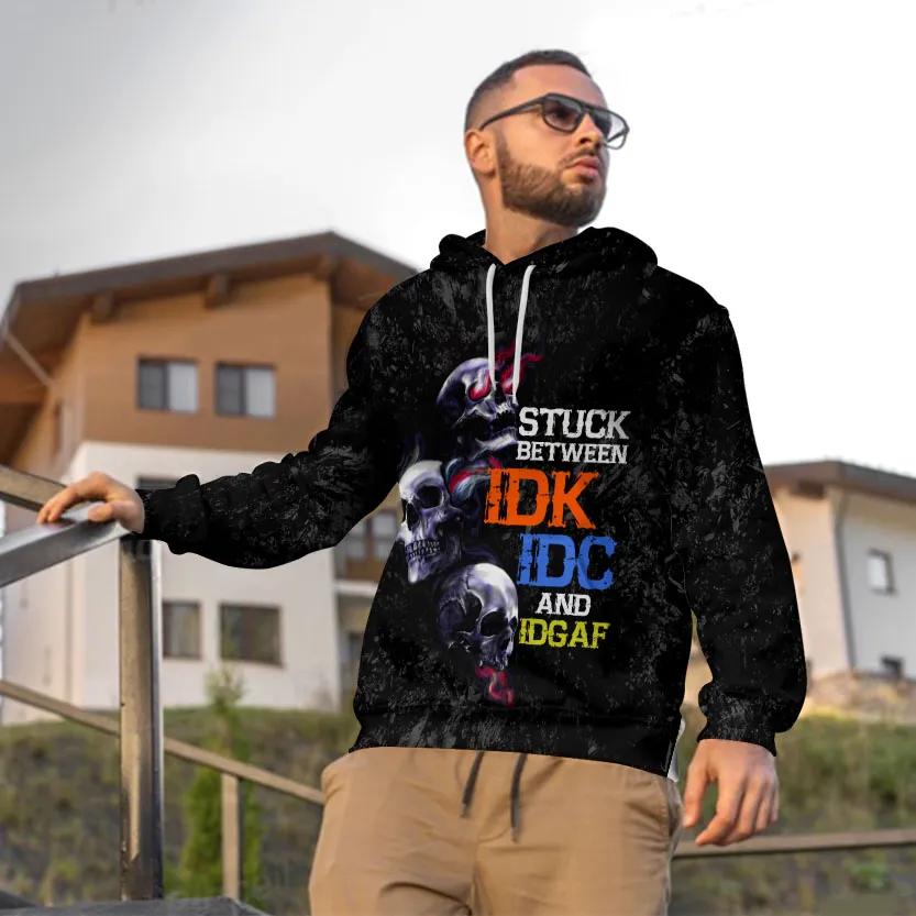 Alternative view of Stuck Between IDK IDC IDGAF Skull 3D All Over Print Hoodie