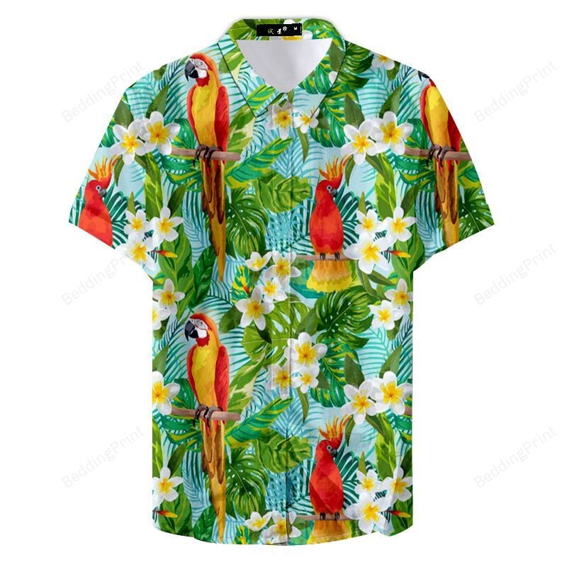 Summer Tropical Colorful Parrot Hawaiian Shirt Tropical Aloha Button Up