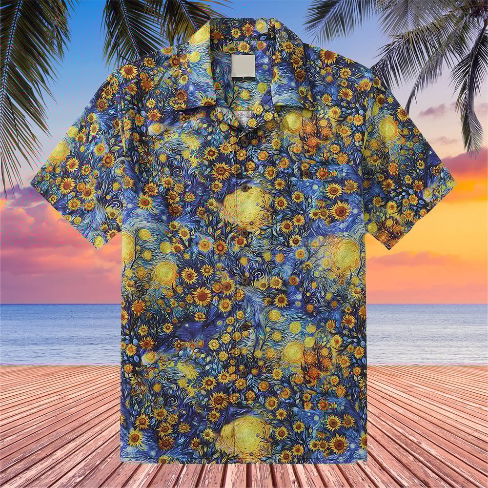 Sunflower Starry Night Hawaiian Shirt Van Gogh Aloha Shirt Sunflower Themed Gifts