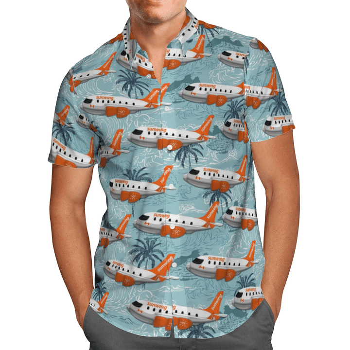 Sunwing Airlines Cartoon Boeing Hawaiian Shirt Tropical Aloha Button Up