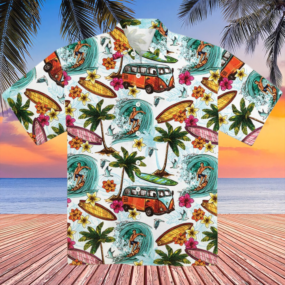 Surfing On Wave Hawaiian Shirt Hippie Vans Button Up Shirt Gifts For Husband