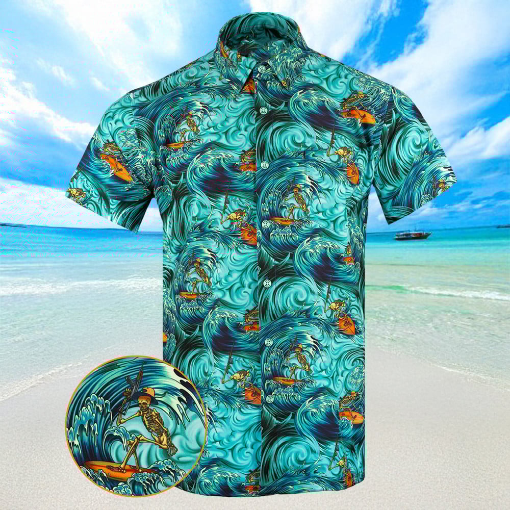 Surfs Up Teal Hawaiian Shirt Summer Short Sleeve Button Down Shirts Him Gifts