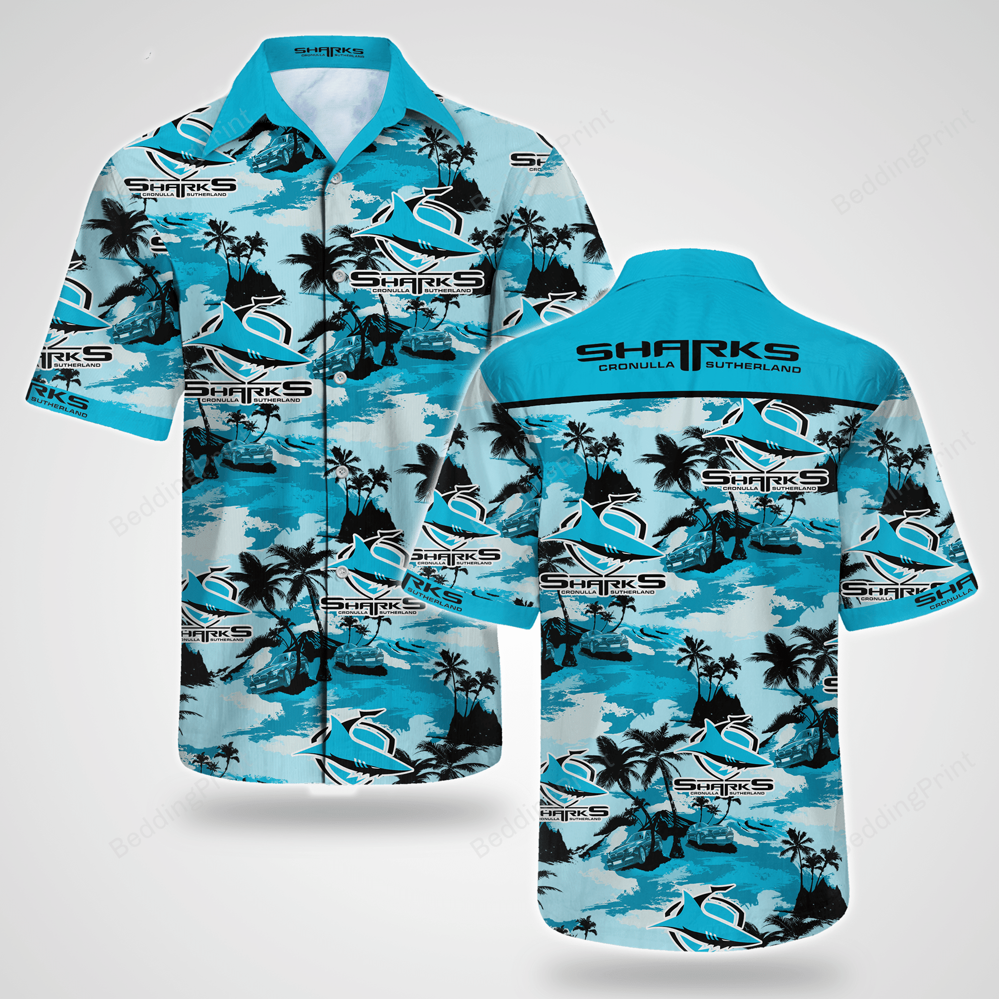 Sutherland Sharks Hawaiian Shirt Tropical Aloha Button Up