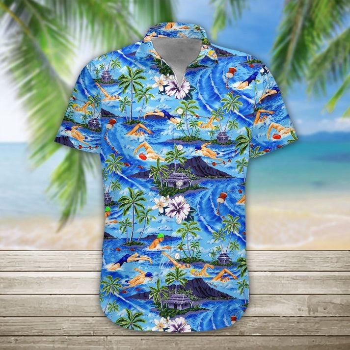 Swimming Hawaiian Shirt Tropical Floral Button Up Shirt Gifts For Ocean Lovers