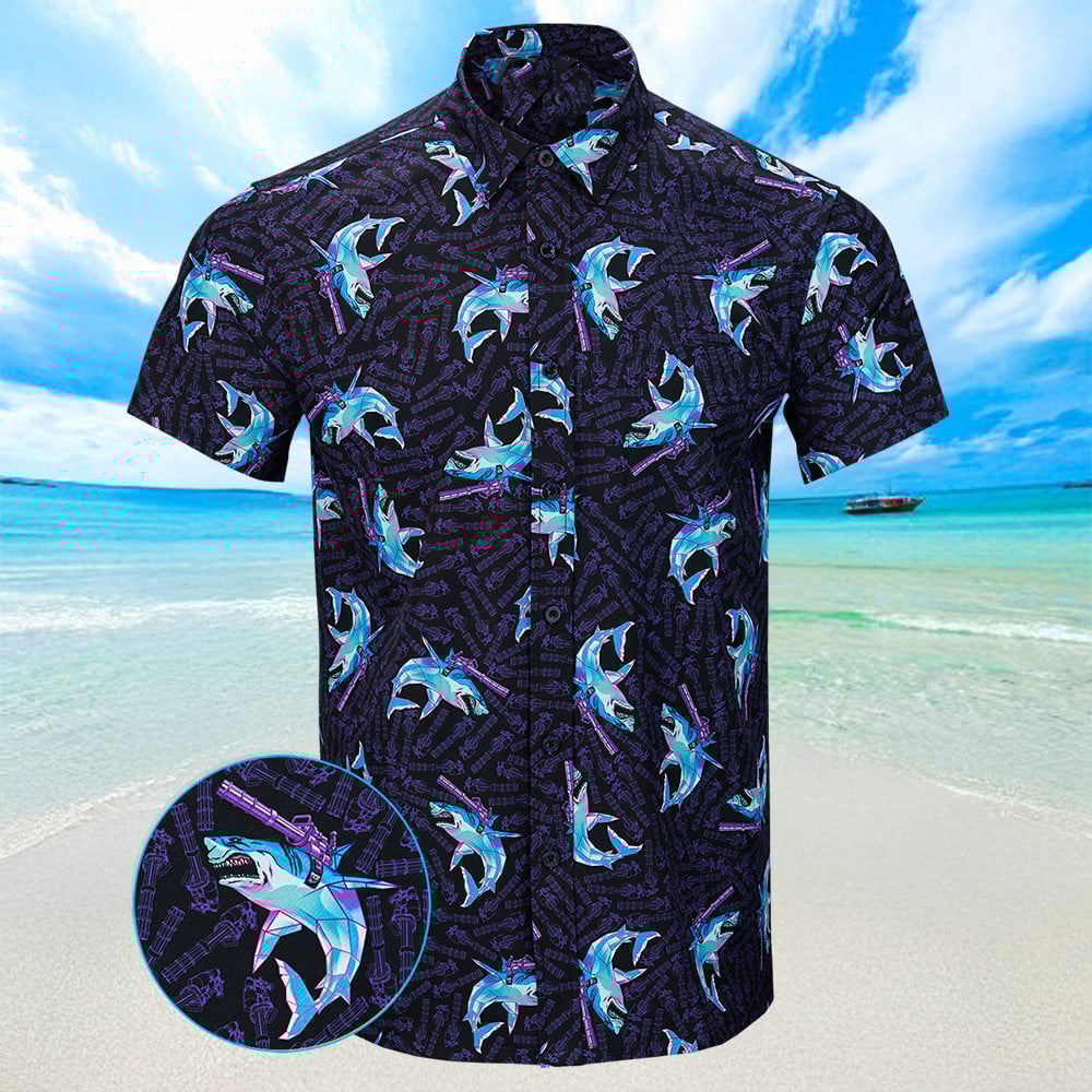 Synth Shark Black Hawaiian Shirt Summer Button Up Shirts For Men Gifts