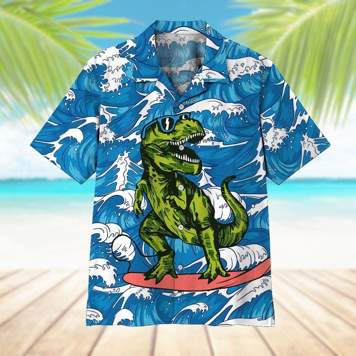 T Rex Dinosaur Surfing Hawaiian Shirt Funny Button Up Shirt Dinosaur Themed Gifts