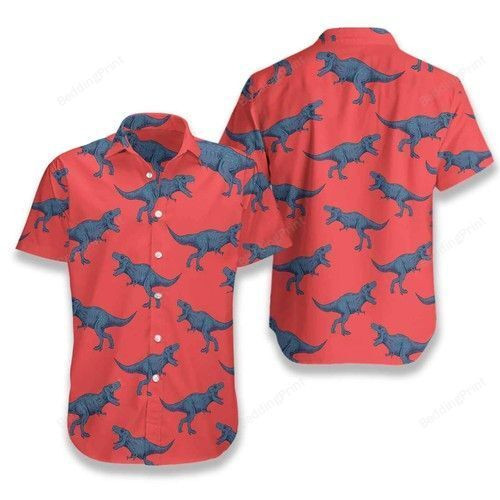 T-rex Pattern Red Blue Dinosaur Hawaiian Shirt Tropical Aloha Button Up