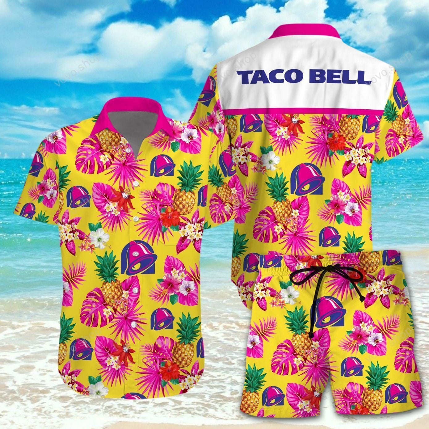 Taco Bell Pink Yeallow Hawaiian Shirt Tropical Aloha Button Up