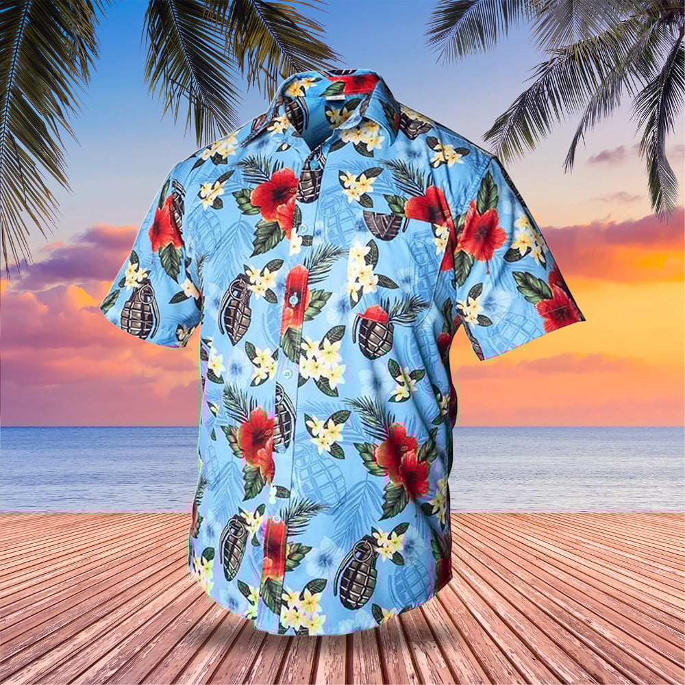 Tactical Hawaiian Shirt Blue Grenades Button Up Shirt Gifts For Gun Lovers