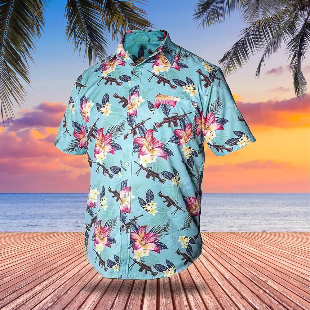 Tactical Hawaiian Shirt Guns Button Up Shirt Flower Weapons Shirts Gifts For Gun Lovers
