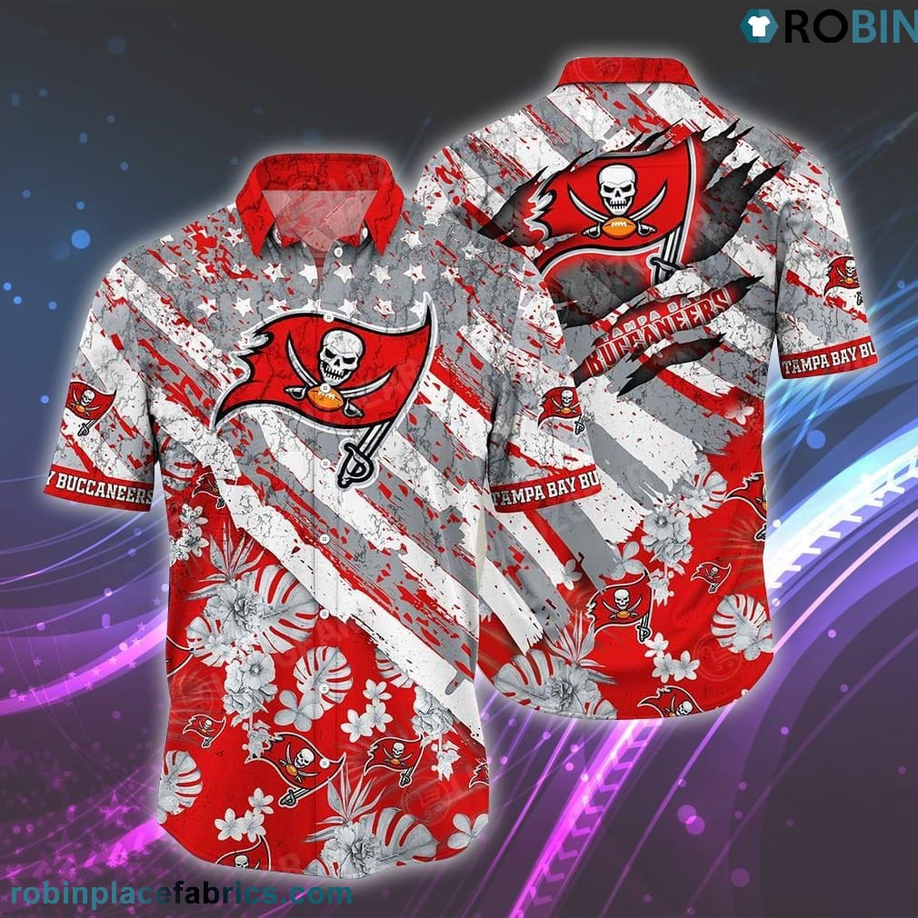 Tampa Bay Buccaneers Floral American Flag Hawaiian Shirt Tropical Aloha Button Up